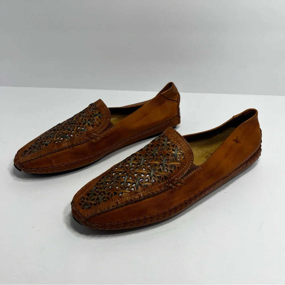 PIKOLINOS Jerez Brown Leather Slip On Woven Preppy Moccasins Loafers SZ 40